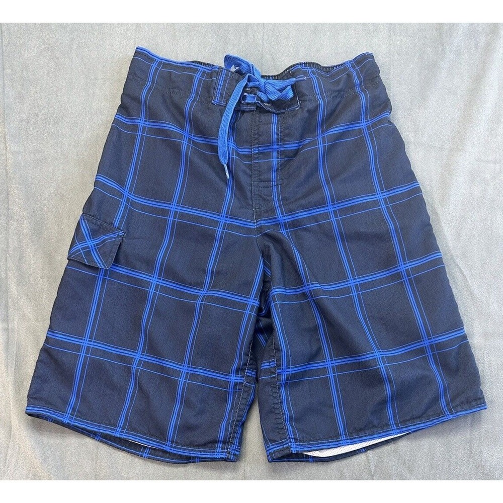 OP Ocean Pacific Swim Shorts Mens Small Nylon Trunks Lined Blue Black Plaid